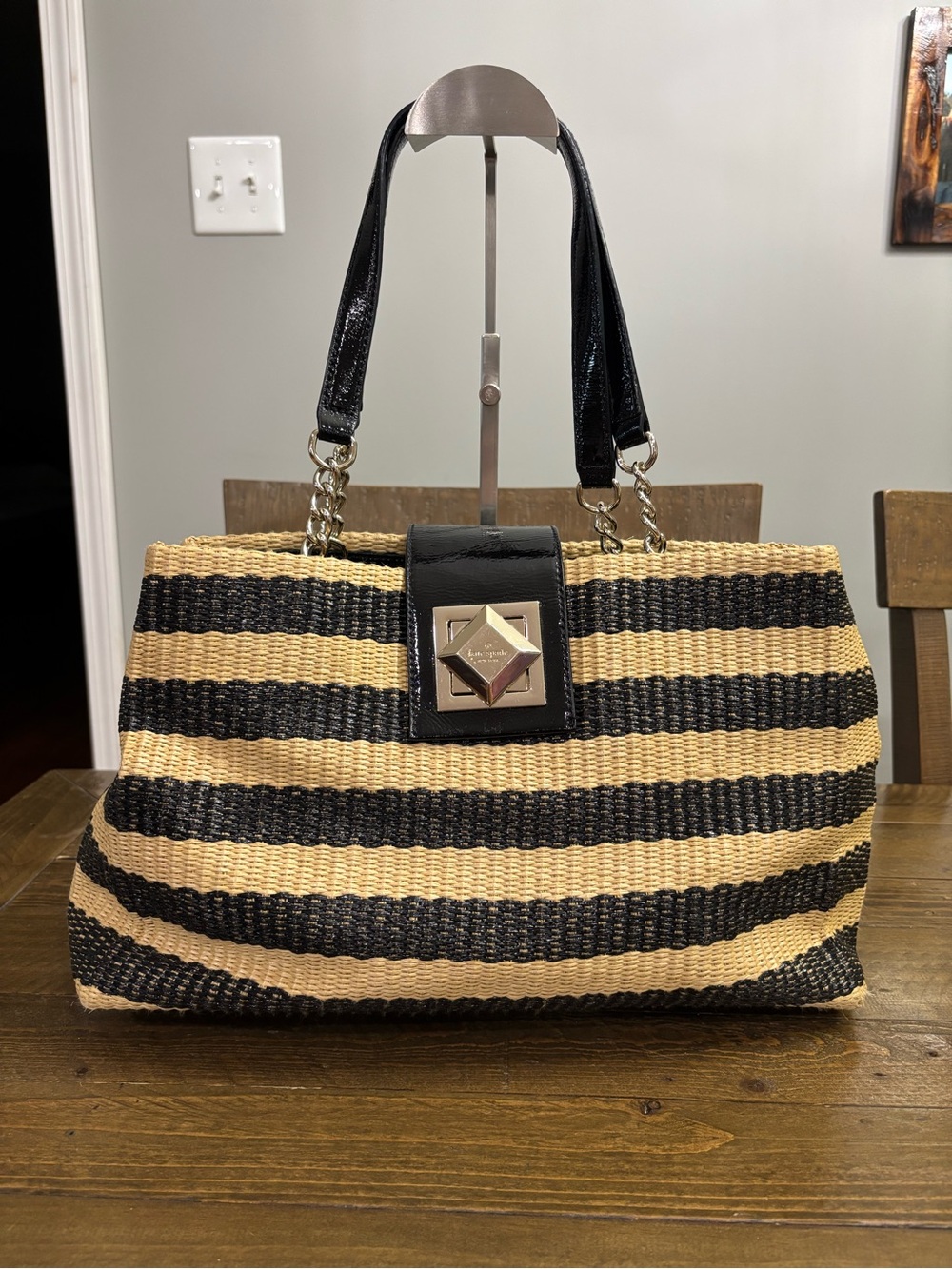 Kate Spade Black and Natural Striped Straw Shoulder Bag